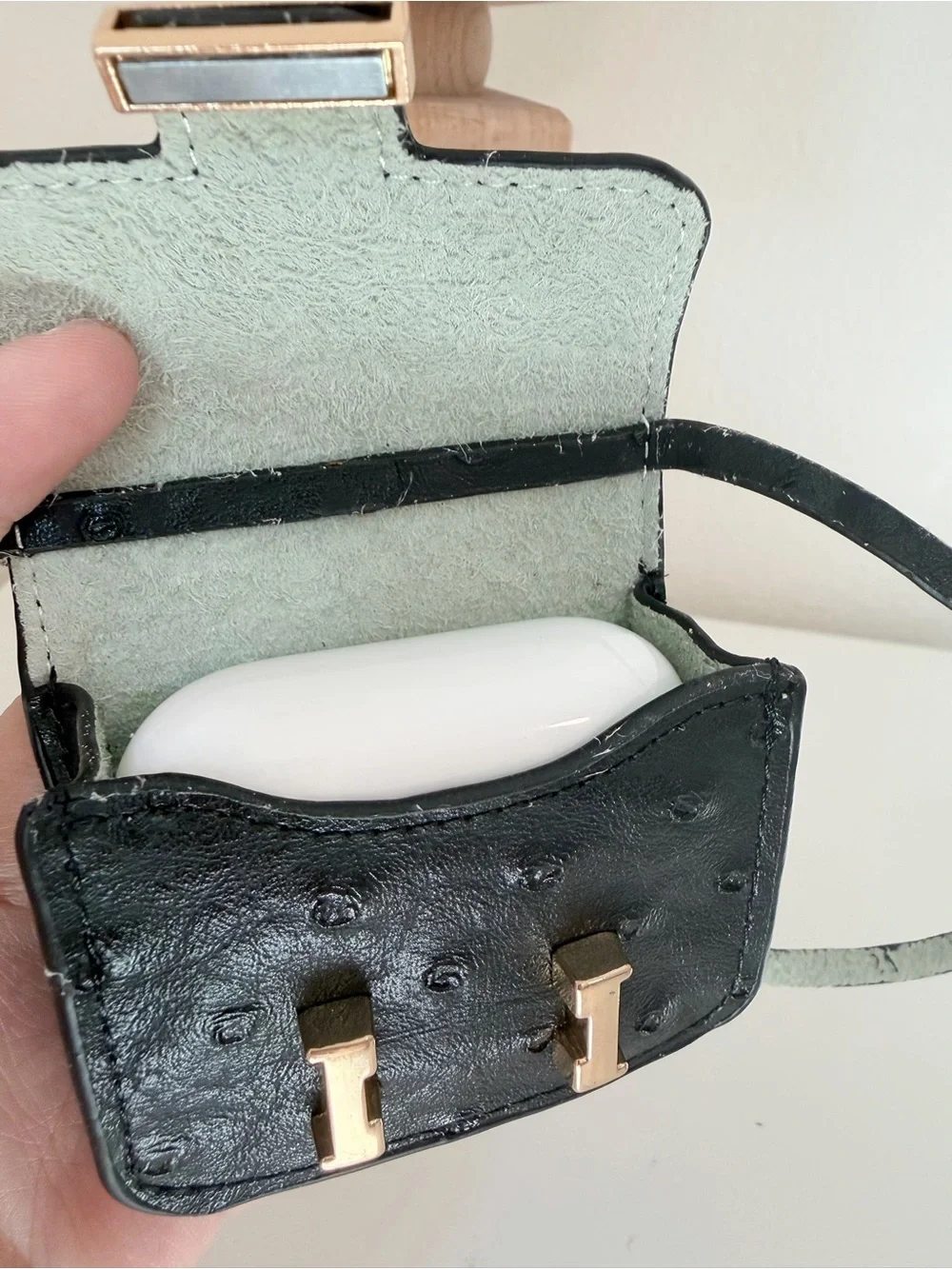 Mini Black Ostrich-Textured Crossbody Bag Charm